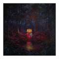 A dark, atmospheric painting of a forest at night with a glowing red and yellow jar candle floating on water, surrounded by silhouetted trees and foliage.