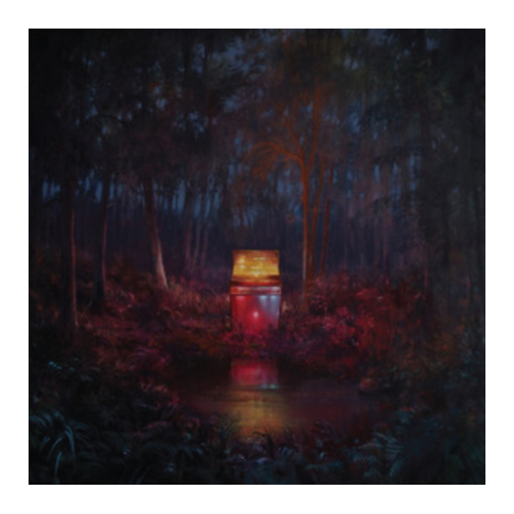 A dark, atmospheric painting of a forest at night with a glowing red and yellow jar candle floating on water, surrounded by silhouetted trees and foliage.