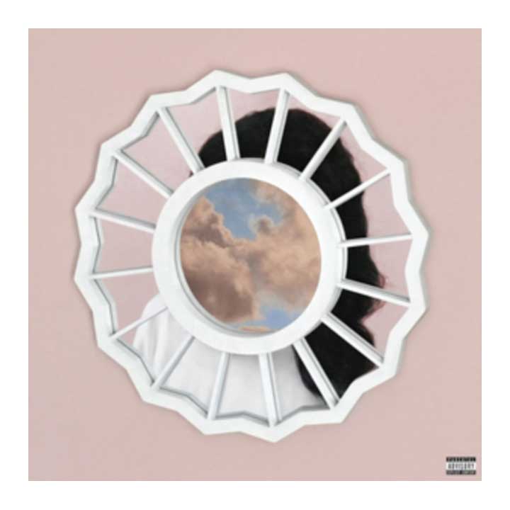 Album cover with a circular design featuring a landscape and black silhouette on a pink background