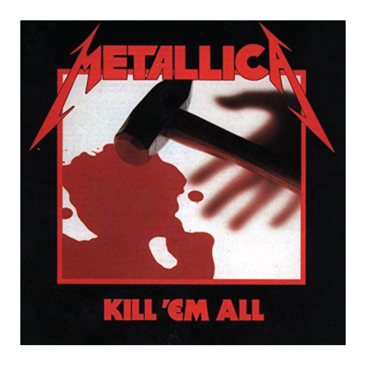Album cover for Metallica's 'Kill 'Em All' with a hammer and silhouette design.