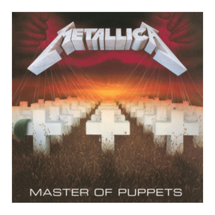 Album cover of Metallica's 'Master of Puppets' with band name and album title.