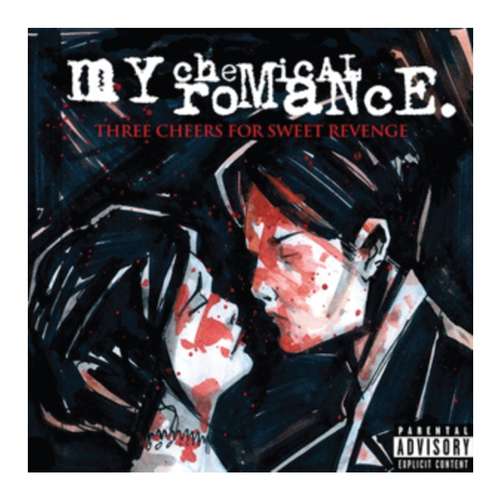 album cover three cheers for sweet revenge by my chemical romance. painting of a man and woman about to kiss