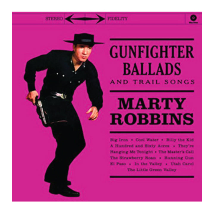 Album cover of 'Gunfighter Ballads and Trail Songs' by Marty Robbins with a pink background and cowboy image.