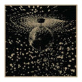 Abstract design with a central sphere and radiating patterns on a black background