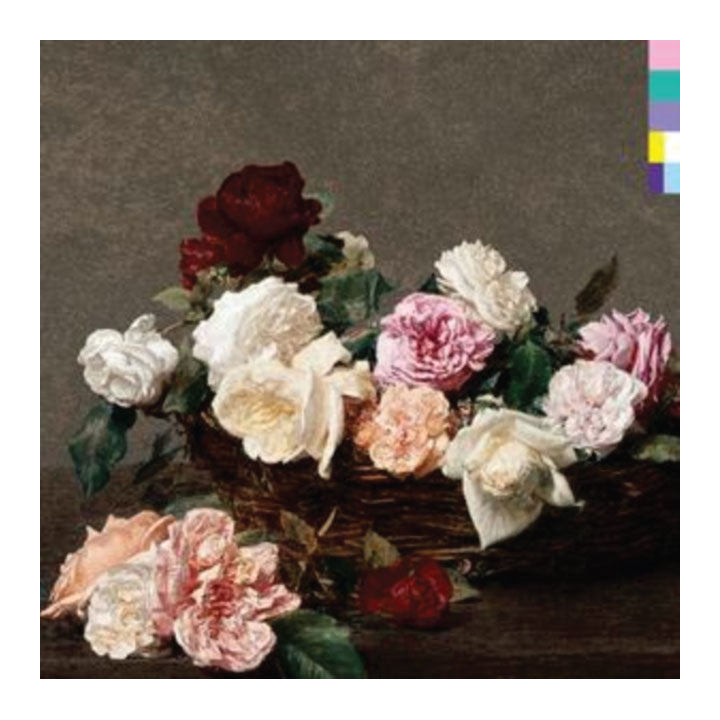 A still life floral artwork showing a wicker basket filled with pink, cream, peach, and dark red roses against a muted brown background. A narrow vertical strip of small color swatches appears along the right edge.