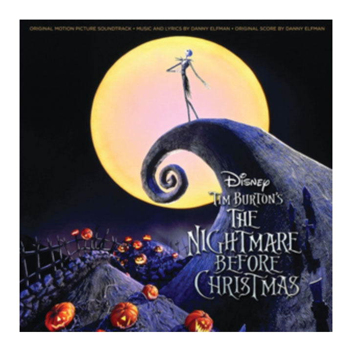 Disney Tim Burton's The Nightmare Before Christmas original motion picture soundtrack cover art, featuring Jack Skellington on a hill under a large full moon with pumpkins along the path.