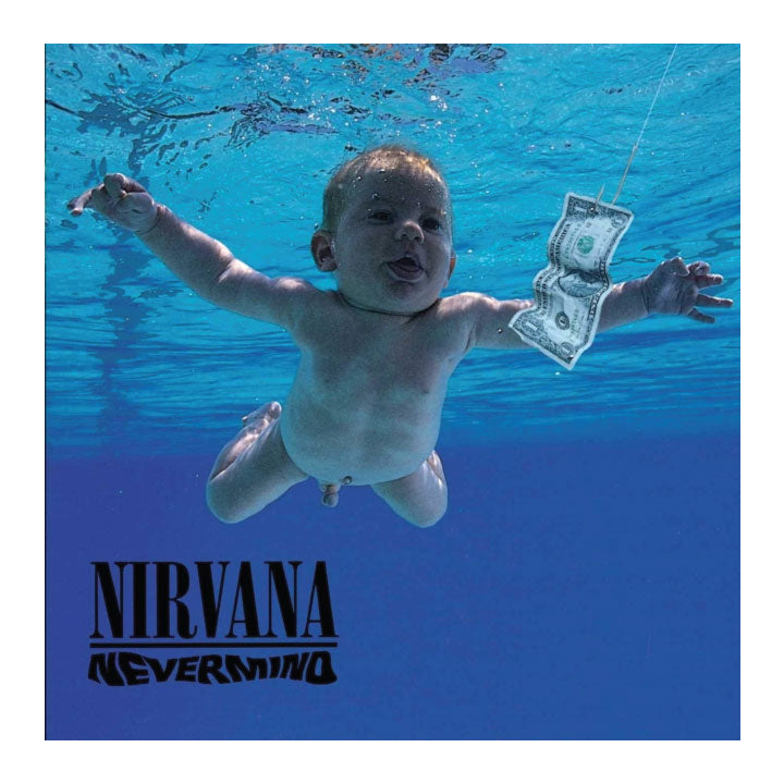 Album cover of Nirvana's 'Nevermind' with a baby underwater holding a dollar bill.