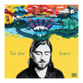 Album cover for 'Busyhead' by Noah Kahan, featuring a black and white portrait of the artist on a bright yellow background with a colorful, detailed landscape illustration above his head.
