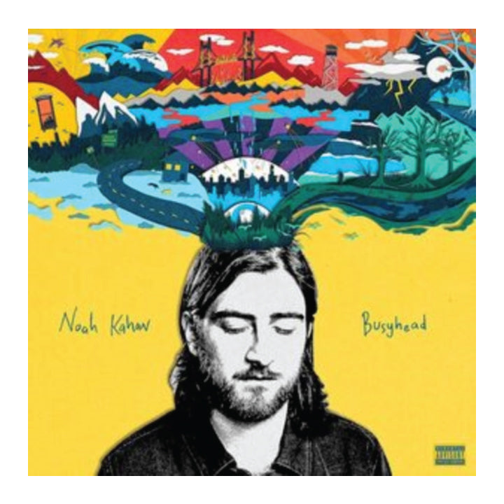 Album cover for 'Busyhead' by Noah Kahan, featuring a black and white portrait of the artist on a bright yellow background with a colorful, detailed landscape illustration above his head.