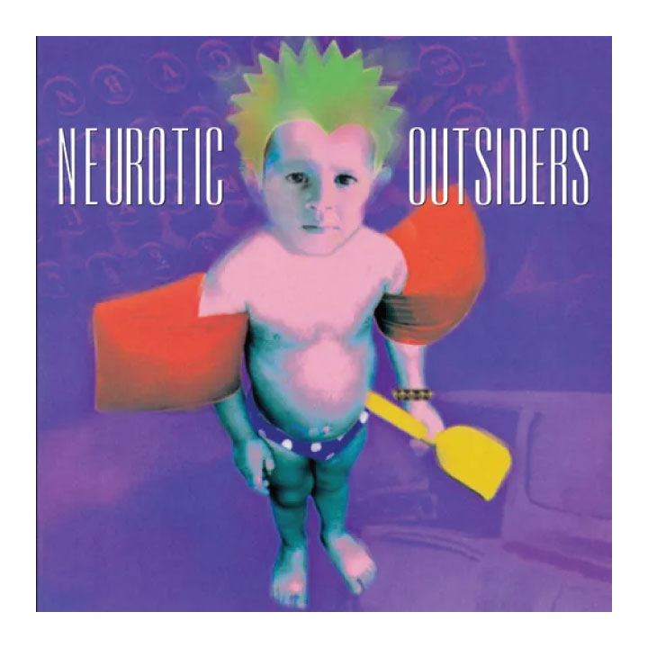 Album cover with a stylized figure holding a surfboard and paddle, against a purple background with text 'Neurotic Outsiders'.