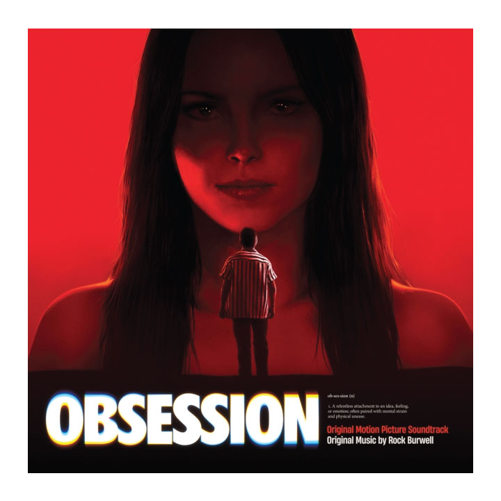 Obsession Original Motion Picture Soundtrack cover art by Rock Starwell, featuring a dramatic red-lit portrait of a woman with a small figure standing in front of her, and the title 'OBSESSION' in large white letters at the bottom.