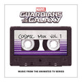 Cassette tape with 'Cosmic Mix Vol. 1' on a white background, featuring Marvel's 'Guardians of the Galaxy' logo.