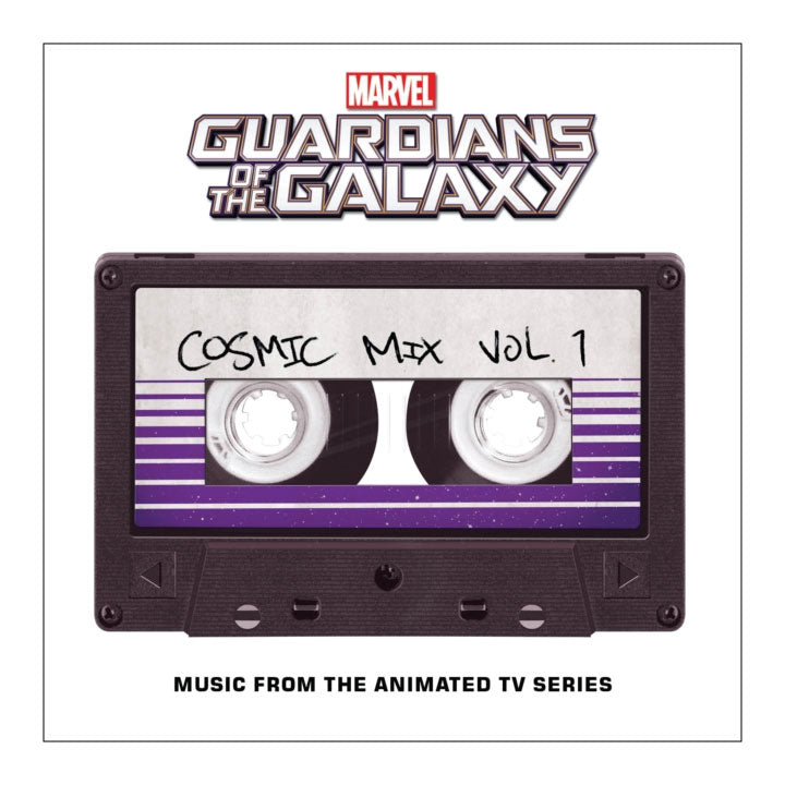 Cassette tape with 'Cosmic Mix Vol. 1' on a white background, featuring Marvel's 'Guardians of the Galaxy' logo.