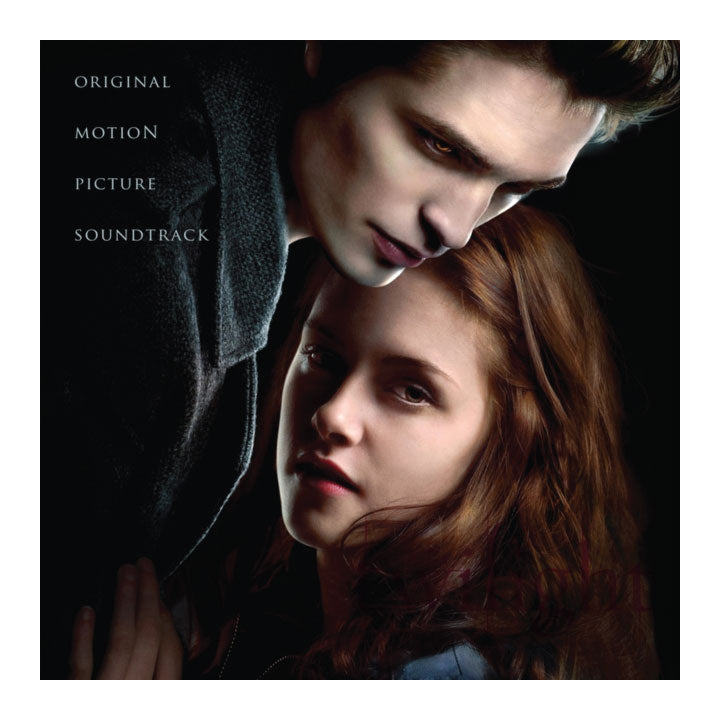 Album cover for 'Twilight Soundtrack' featuring Bella and Edward  close together.