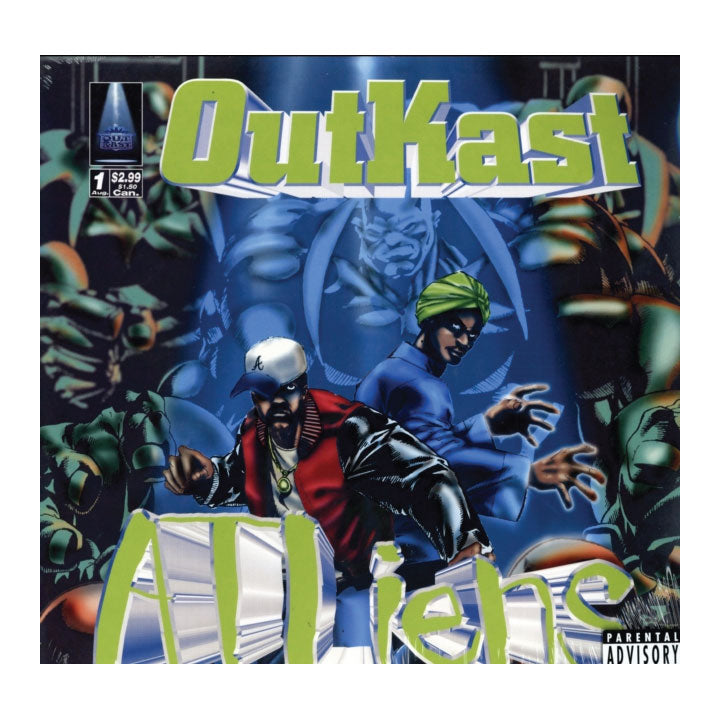 Album cover for OutKast's 'ATLiens' with two characters and colorful design.