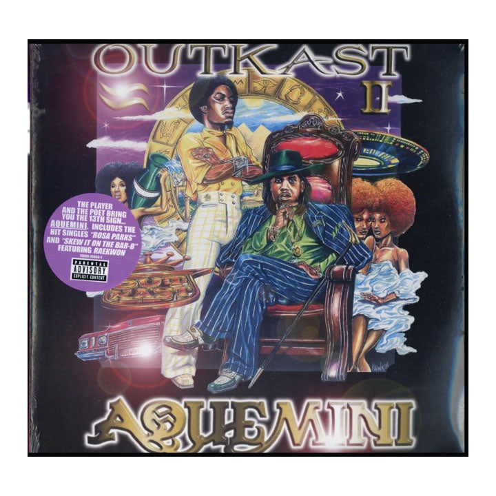 Album cover for Outkast's 'Aquemini' featuring stylized characters and vibrant colors.