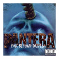 Pantera's 'Far Beyond Driven' album cover featuring a blue-toned skull with a large metal worm-like protruding from the top, bold textured 'PANTERA' lettering across the center, and a Parental Advisory label in the lower right.