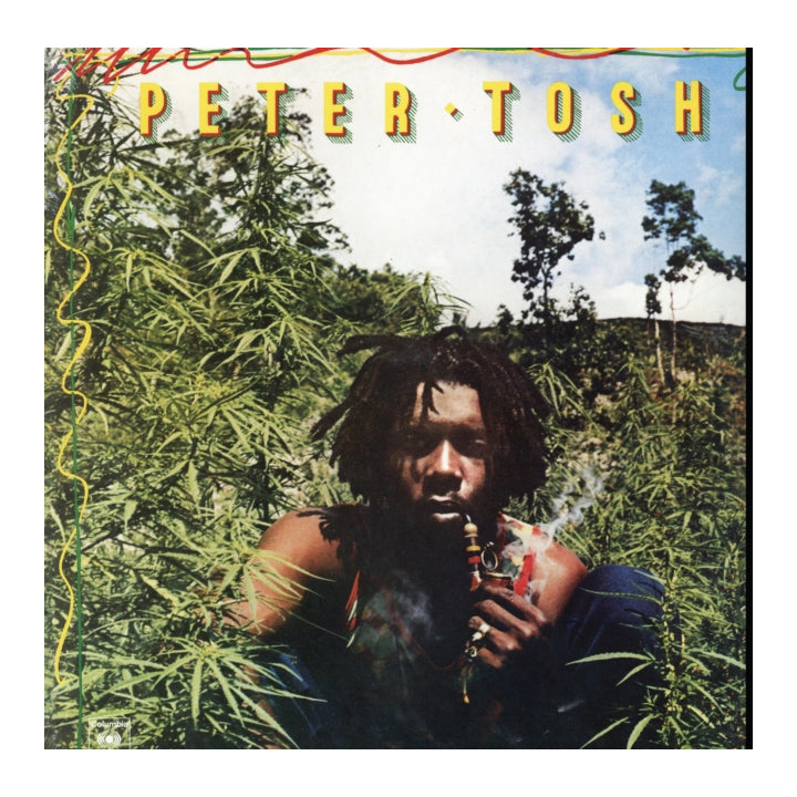 Album cover for Peter Tosh's 'Rastafarian' featuring a photo of Peter Tosh in front of cannabis plants, with the title in yellow letters at the top.
