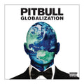 Pitbull 'Globalization' album cover featuring a man in a tuxedo with a globe Earth design for his head, on a white background with a Parental Advisory label.