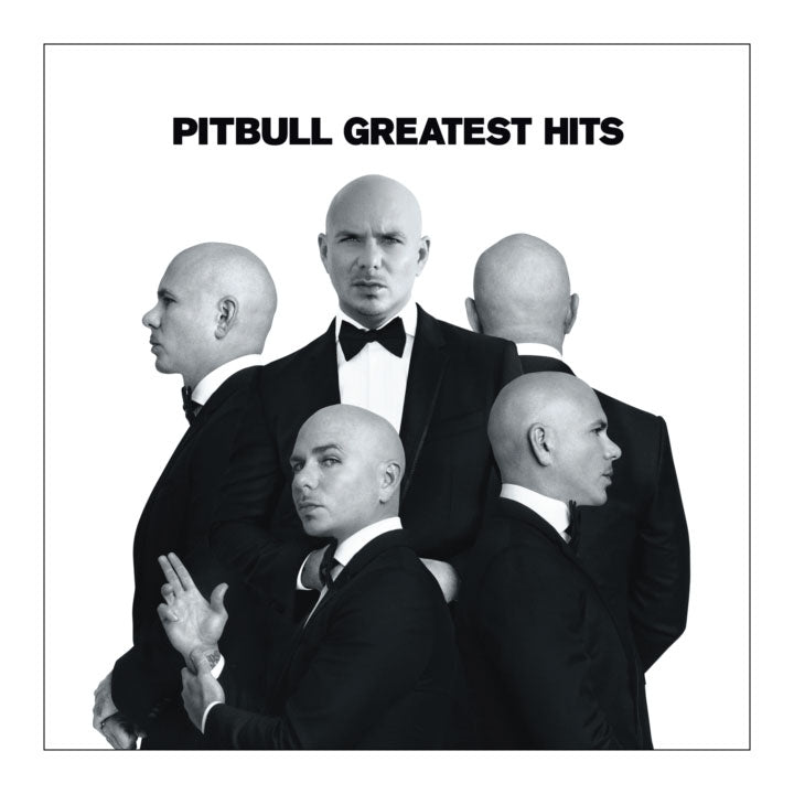 a black and white picture of the same bald man 5 times. words "pittbull Greatest Hits"