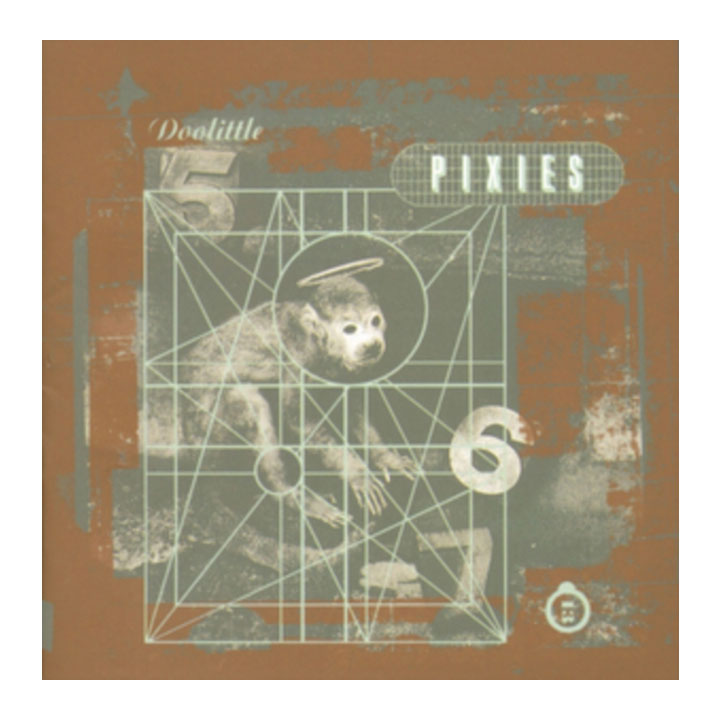 pixies doolittle Album cover with monkey illustration and geometric design on a brown background