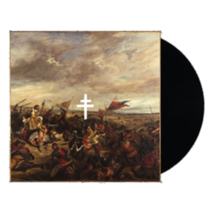 album with black vinyl peaking out. Classical scene and a cross on front