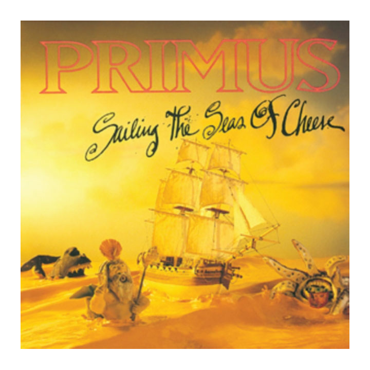 Album cover for Primus's 'Sailing the Seas of Cheek' featuring a golden-yellow illustrated seascape with a sailing ship, a figure on horseback, and sea monsters.