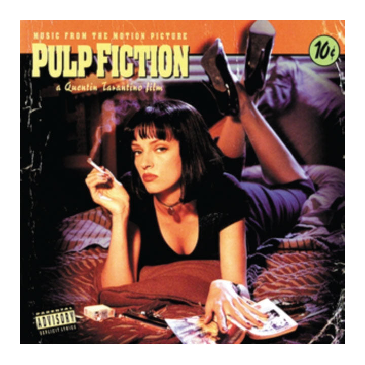 Pulp Fiction cover art, featuring Uma Thurman as Mia Wallace smoking a cigarette while reclining on a bed with her legs raised. The cover includes the title 'Pulp Fiction' in large yellow letters, a '10¢' price badge, and a Parental Advisory label in the bottom-left corner.