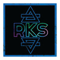 A square graphic with a black center, a blue border, and the letters RKS outlined in a rainbow gradient. Above and below the letters are geometric triangle-like symbols.
