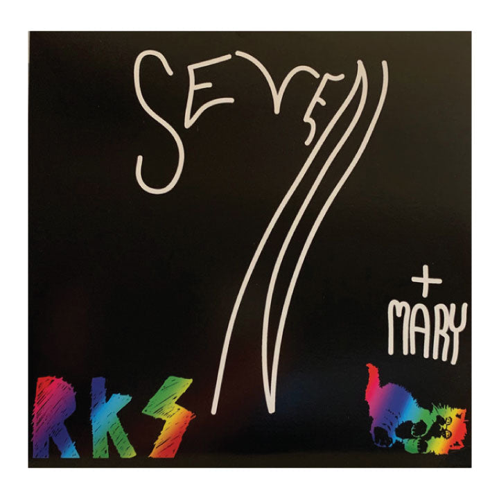 Album cover artwork for 'Seven + Mary' by RKS, featuring a black background with white handwritten-style text and a vibrant multicolor rainbow graphic at the bottom.