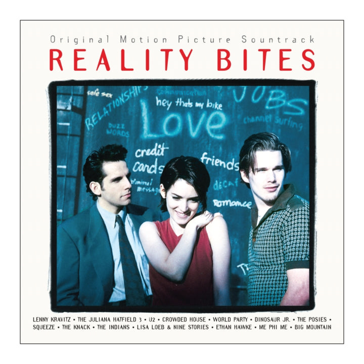 Album cover for the 'Reality Bites' original motion picture soundtrack, featuring three actors in front of a dark chalkboard background with handwritten words, framed by a cream border with red title text.