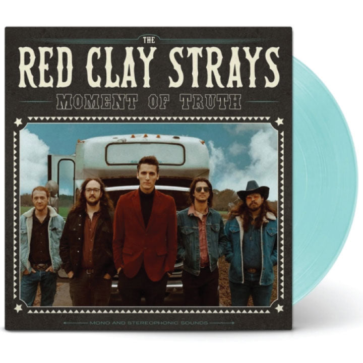 The Red Clay Strays 'Moment of Truth' vinyl record album with a light blue translucent record partially visible behind the square black-and-white cover art.