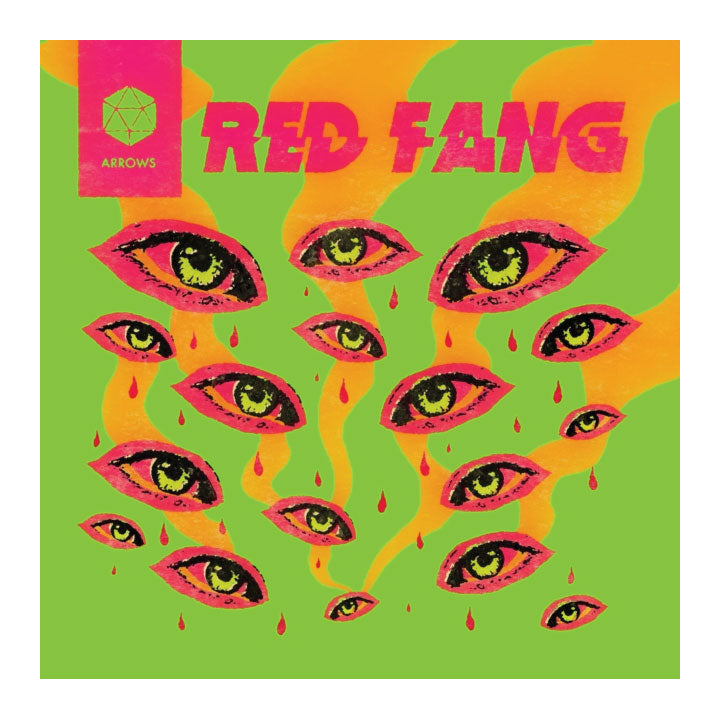 flourescent eyes, posterized style. Text, red fang arrows