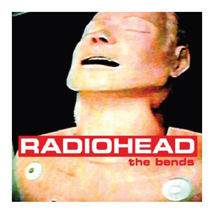 Album cover of Radiohead's 'The Bends' with a close-up of a person's face.