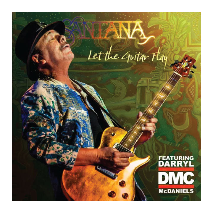 Album cover featuring a person playing guitar with 'Santana' and 'Let the Guitar Play' text on a colorful background.