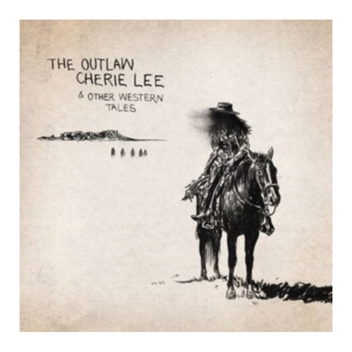 Album cover for 'The Outlaw Cherie Lee & Other Western Tales' featuring a black ink sketch of a cowboy on a horse against a textured beige parchment-like background.