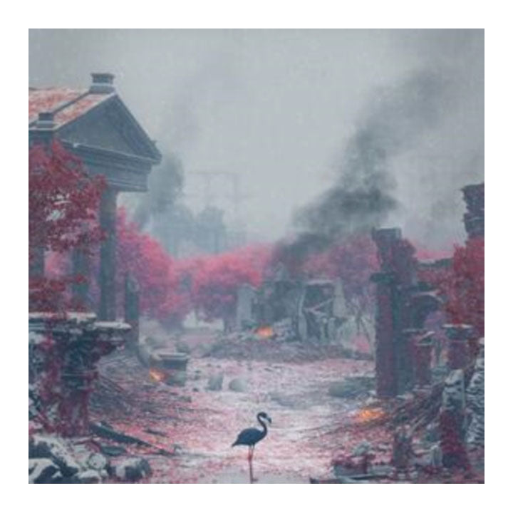 A surreal art print depicting a ruined classical street with red foliage, dark smoke, and a single flamingo standing in the foreground.
