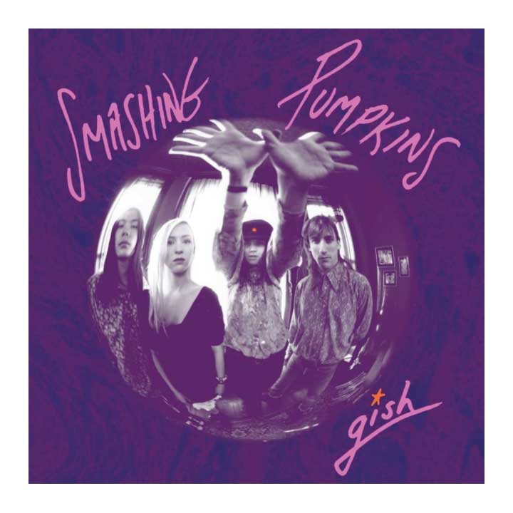 Album cover for 'Gish' by Smashing Pumpkins with band members in a circular frame on a purple background.