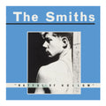 Album cover for 'Hatful of Hollow' by The Smiths with a blue border and black and white photo of a man.