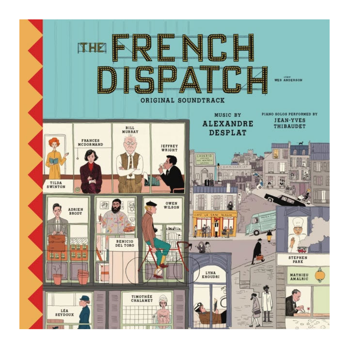 The French Dispatch Original Soundtrack album cover, featuring a light blue background with a red-and-gold patterned left border and an illustrated Parisian city scene with character panels.