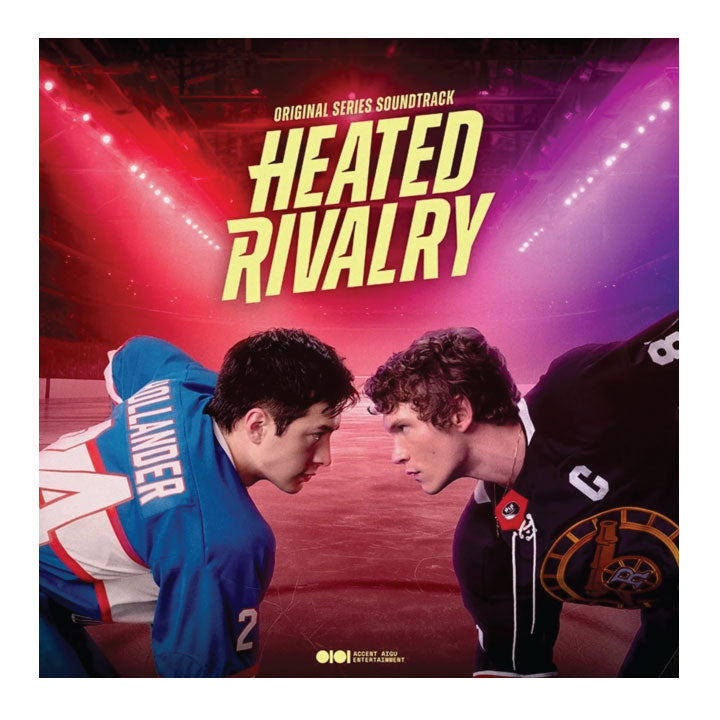 Heated Rivalry original series soundtrack album cover featuring two hockey players facing each other on the ice in a brightly lit arena, with large yellow title text across the top.