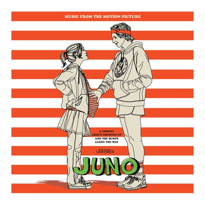 Album cover for 'Juno' with two characters facing each other on a red and white striped background.
