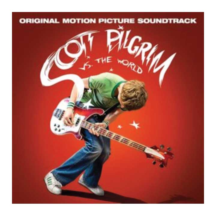 Album cover for 'Scott Pilgrim vs. the World' original motion picture soundtrack with a person playing bass guitar on a red background.