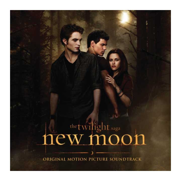 Album cover for 'The Twilight Saga: New Moon' original motion picture soundtrack featuring three characters in a forest setting.