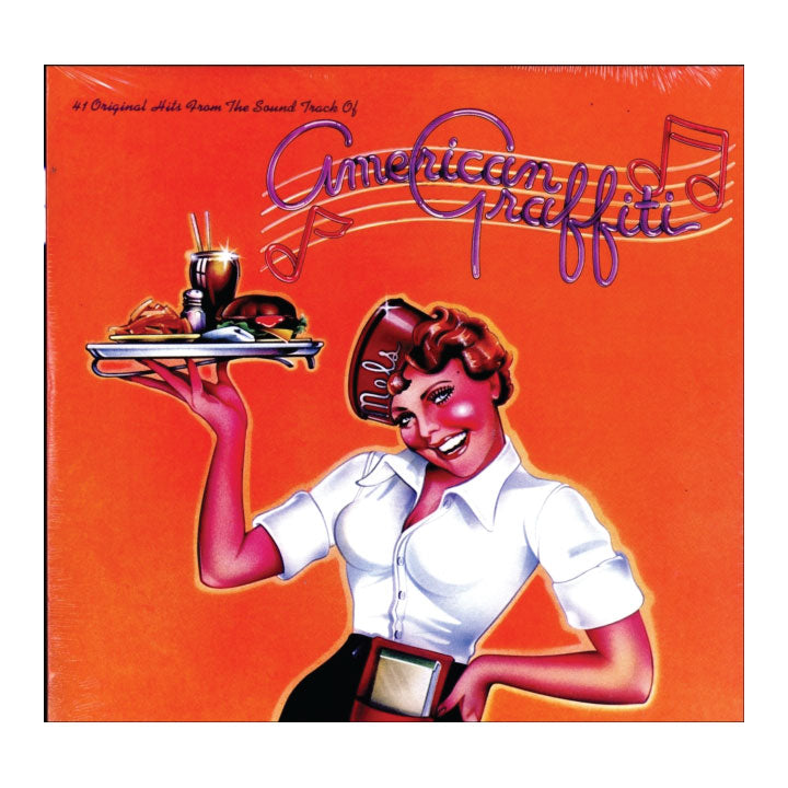 Album cover for 'American Graffiti' featuring a retro illustration of a waitress holding a food tray against a bright orange background with stylized purple title lettering.