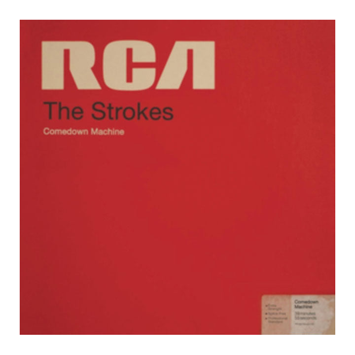 Red album cover for 'Comedown Machine' by The Strokes, featuring a large beige RCA logo at the top and a small beige sticker at the bottom right.