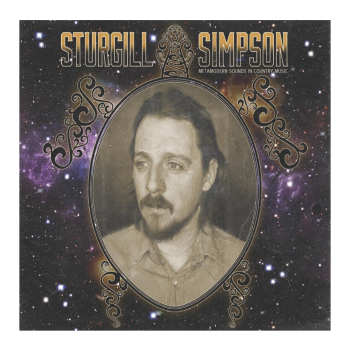 Album cover for Sturgill Simpson's 'Metamorphosis Sounds in Country Music', featuring a sepia-toned oval portrait of the artist against a black and purple starry space background with ornate gold scrollwork and the artist's name in gold at the top.