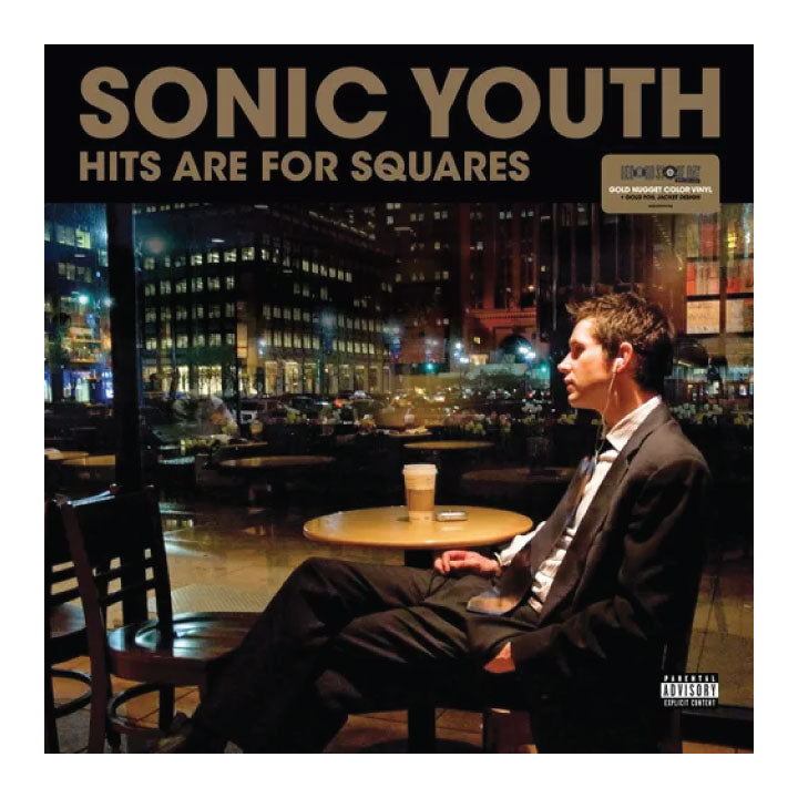 Album cover for 'Hits Are For Squares' by Sonic Youth with a man in a suit sitting in a city street cafe.