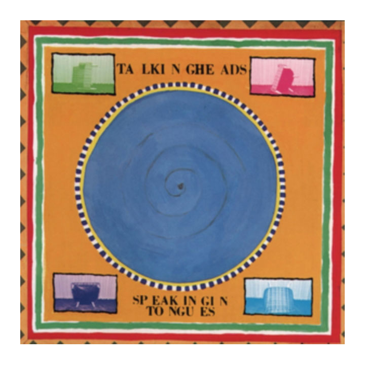A square colorful artwork with a large blue spiral circle in the center, bordered by concentric red, green, and white stripes. The orange background contains black text reading 'TA LKI N GHE ADS' at the top and 'SPEAK IN GIN TO NGUES' at the bottom, with small illustrated panels in the corners.