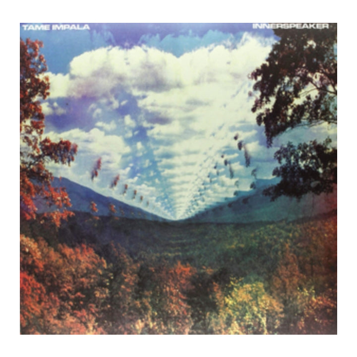 Tame Impala's 'Innerspeaker' album cover art, featuring a surreal landscape with mountains, trees, and a repeating geometric pattern in the sky under a blue and white cloudy sky.